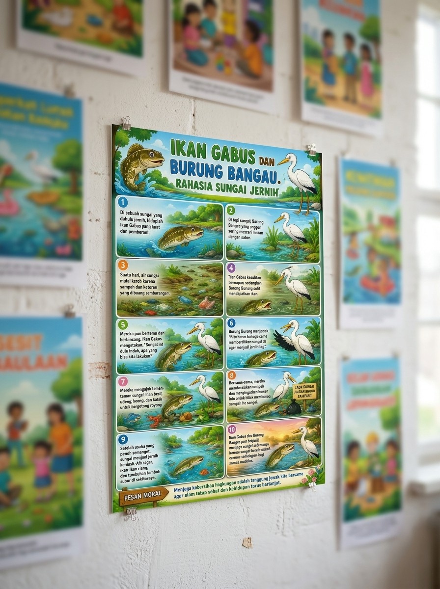 Poster Edukasi Anak Seri Hewan Ikan Gabus dan Burung Bangau - Alat Peraga Sekolah TK SD Pajangan Dinding HD