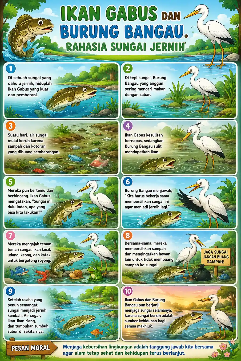 Poster Edukasi Anak Seri Hewan Ikan Gabus dan Burung Bangau - Alat Peraga Sekolah TK SD Pajangan Dinding HD