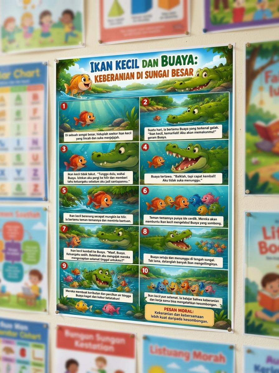Poster Edukasi Anak Ikan Kecil dan Buaya - Hiasan Dinding Kamar Anak Aesthetic Cerita Keberanian