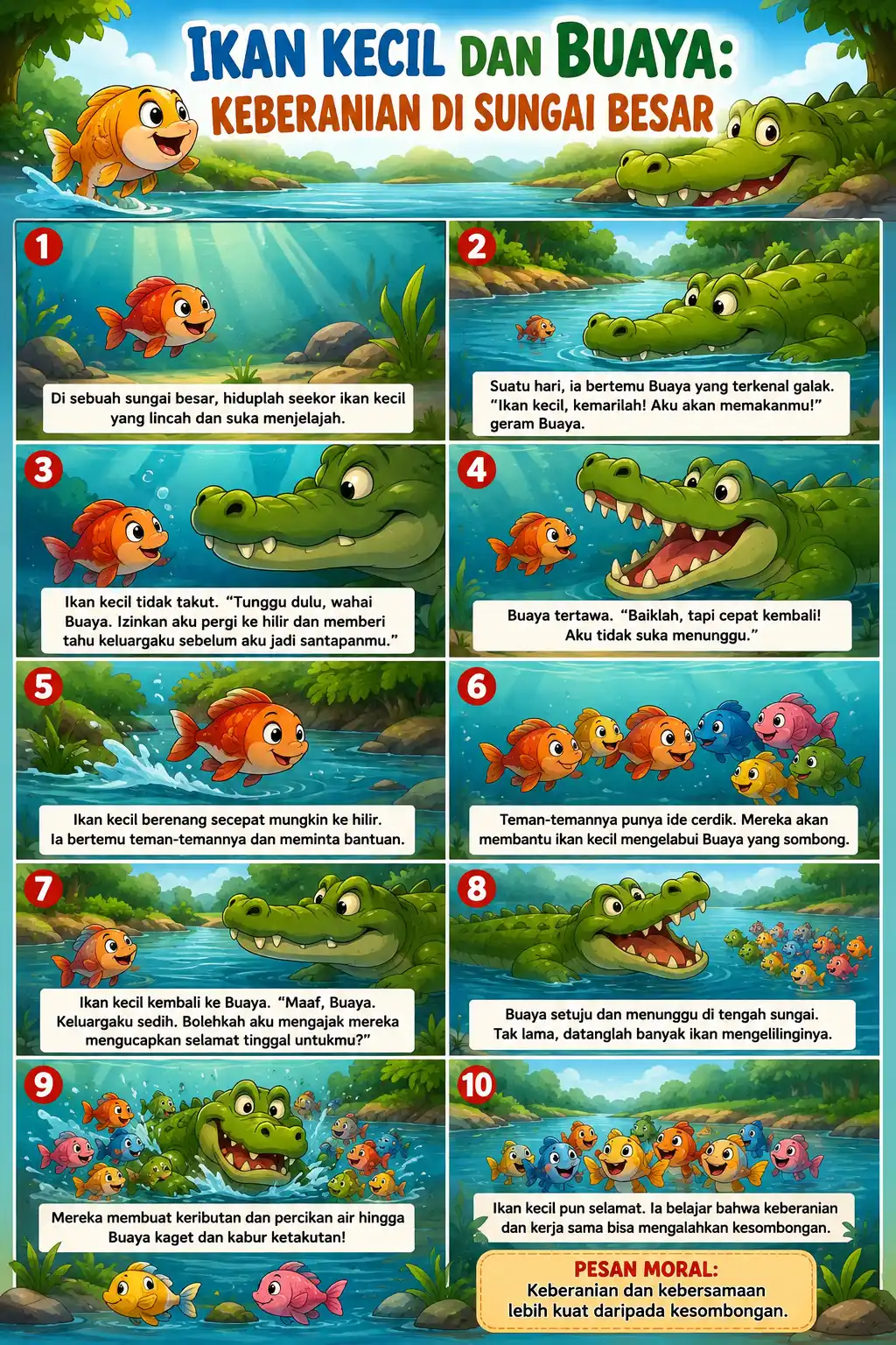 Poster Edukasi Anak Ikan Kecil dan Buaya - Hiasan Dinding Kamar Anak Aesthetic Cerita Keberanian