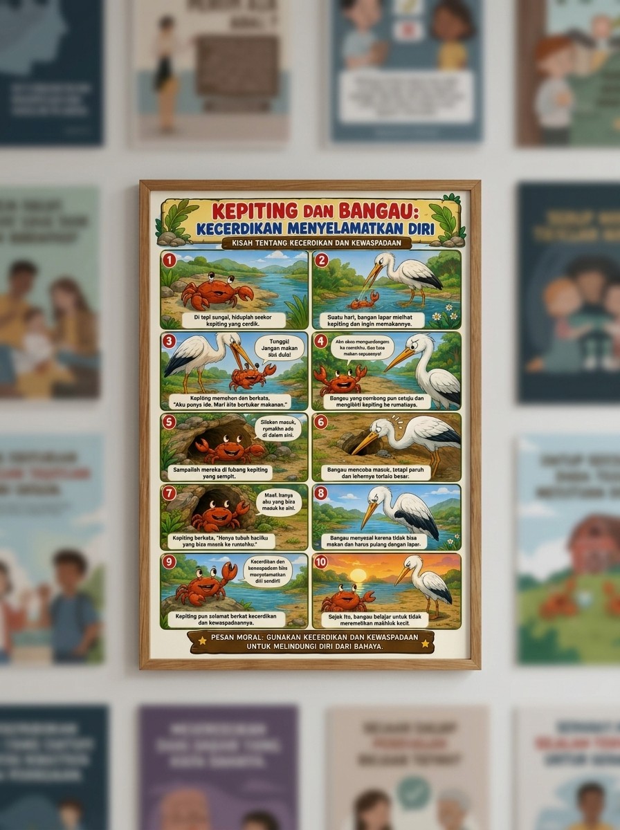 Poster Belajar Anak Kepiting dan Bangau - Media Edukasi Dongeng Fabel Kecerdikan - Hiasan Dinding Kamar Anak