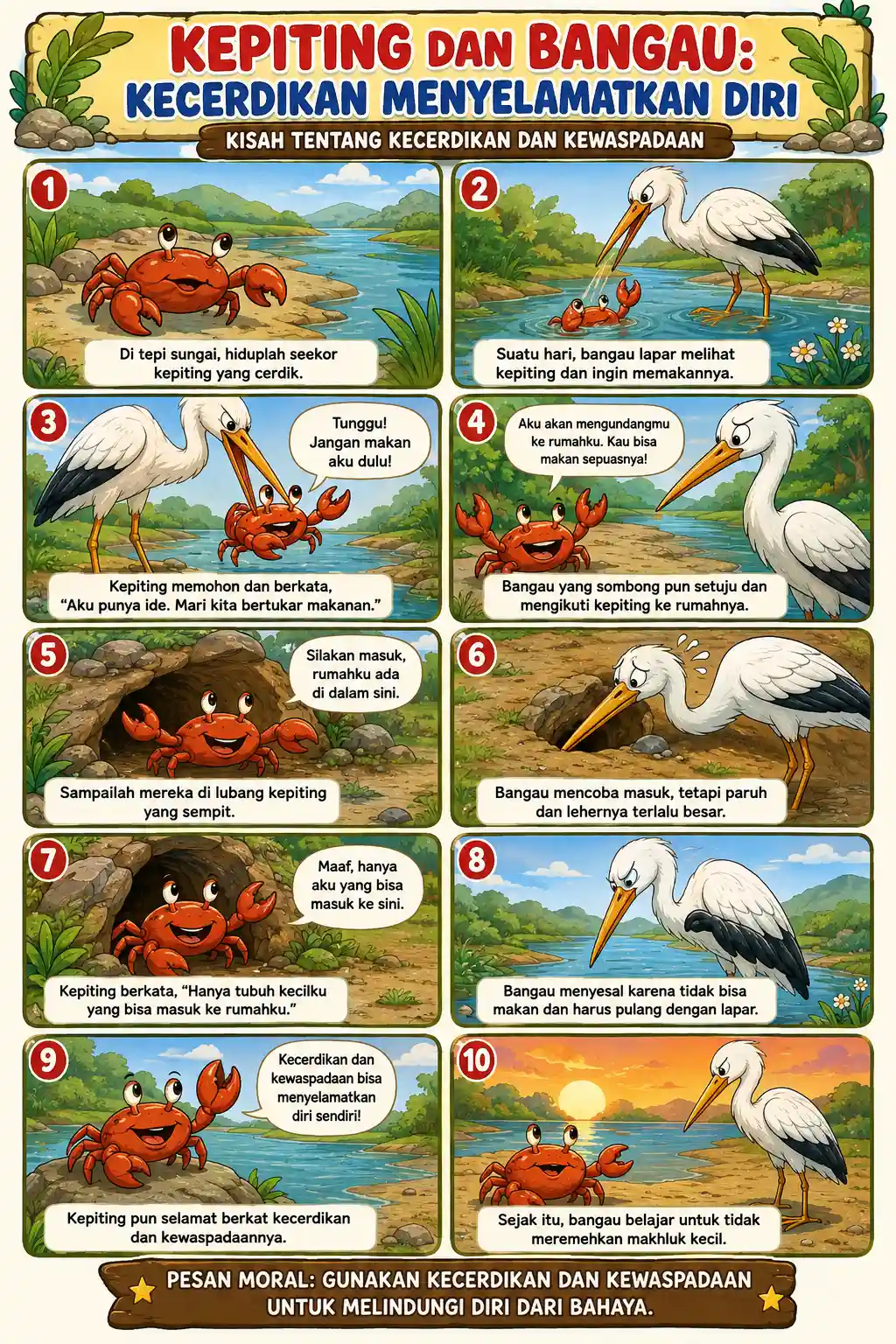 Poster Belajar Anak Kepiting dan Bangau - Media Edukasi Dongeng Fabel Kecerdikan - Hiasan Dinding Kamar Anak
