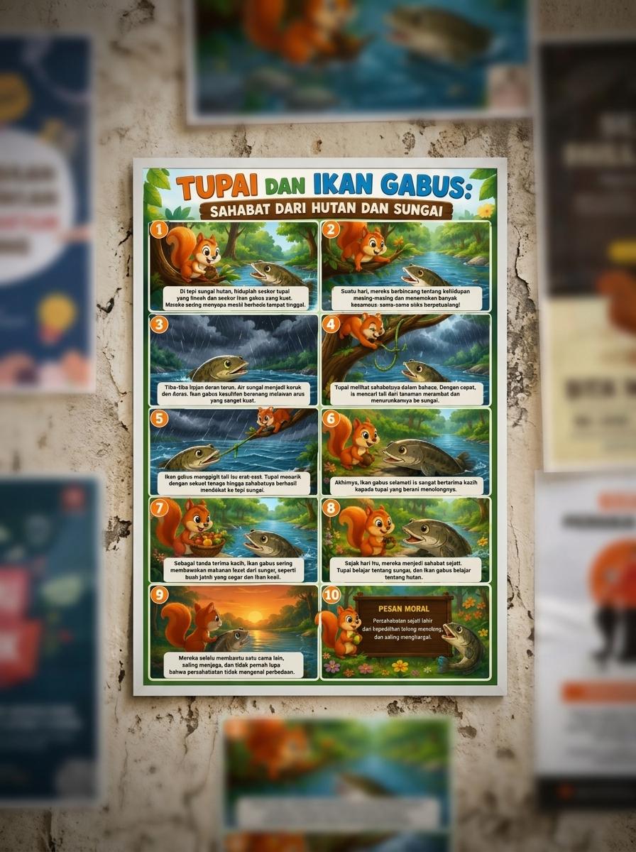 Poster Edukasi Anak Cerita Rakyat Tupai dan Ikan Gabus Hiasan Dinding Kamar A3