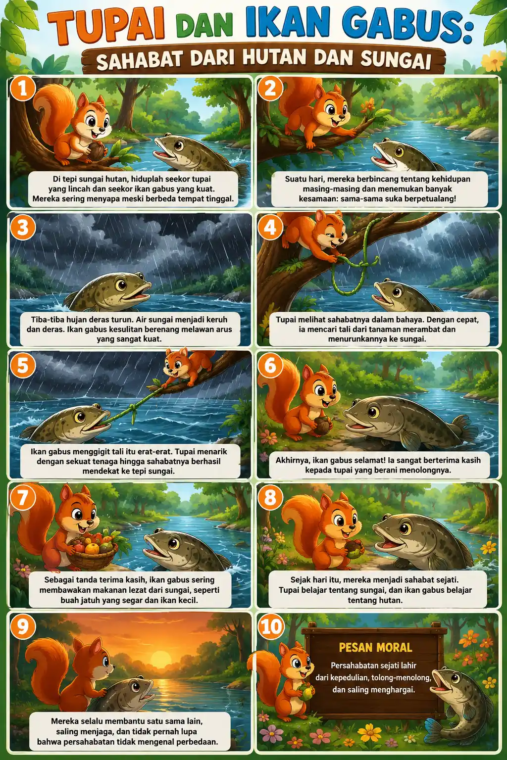 Poster Edukasi Anak Cerita Rakyat Tupai dan Ikan Gabus Hiasan Dinding Kamar A3
