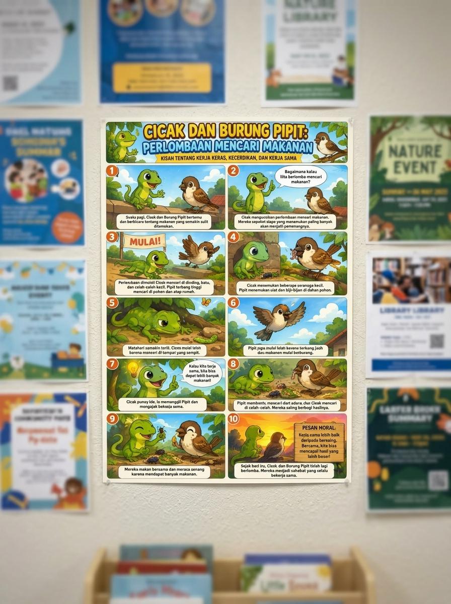 Poster Edukasi Anak Cicak dan Burung Pipit Seri Cerita Hewan Media Belajar TK SD - Premium