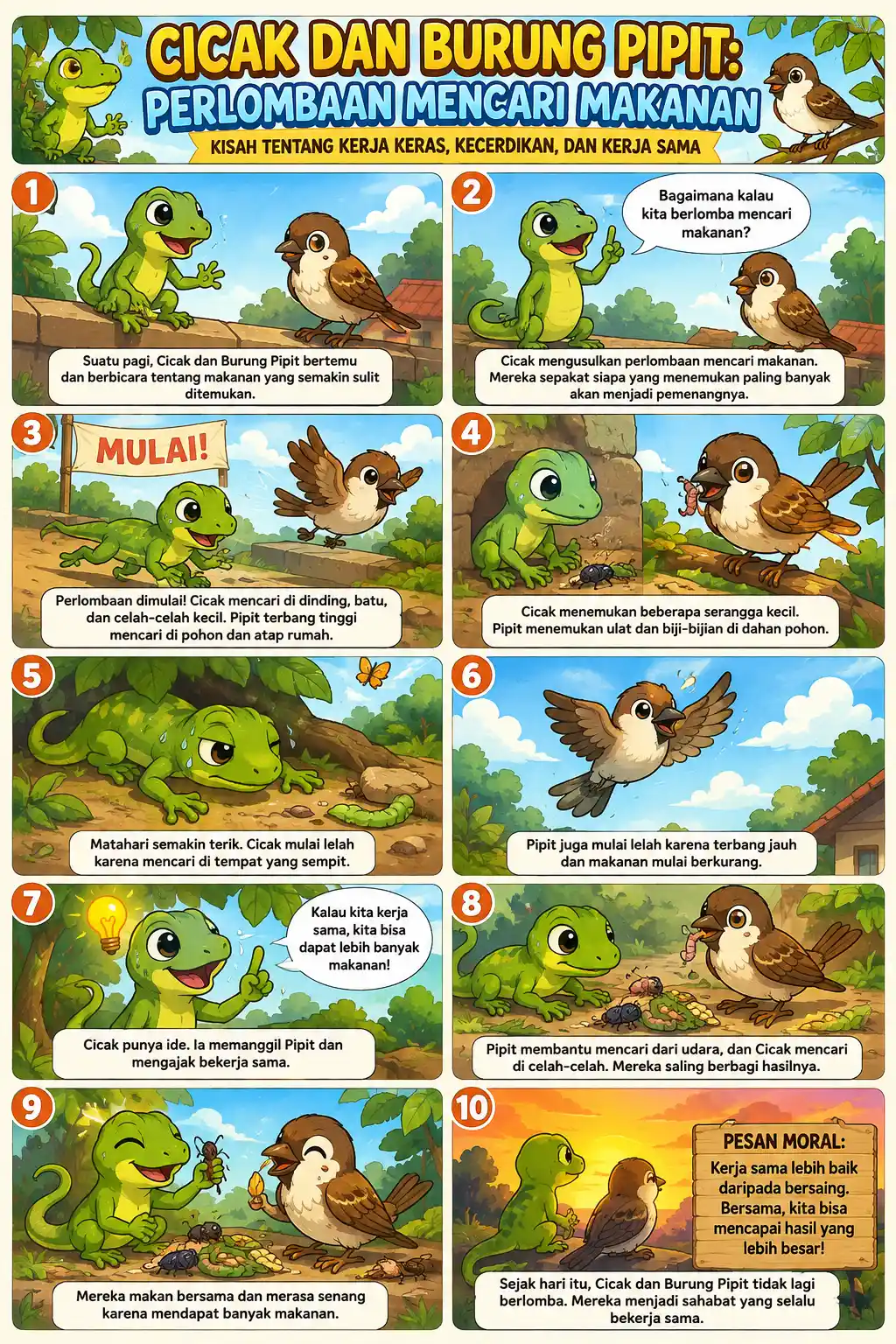 Poster Edukasi Anak Cicak dan Burung Pipit Seri Cerita Hewan Media Belajar TK SD - Premium