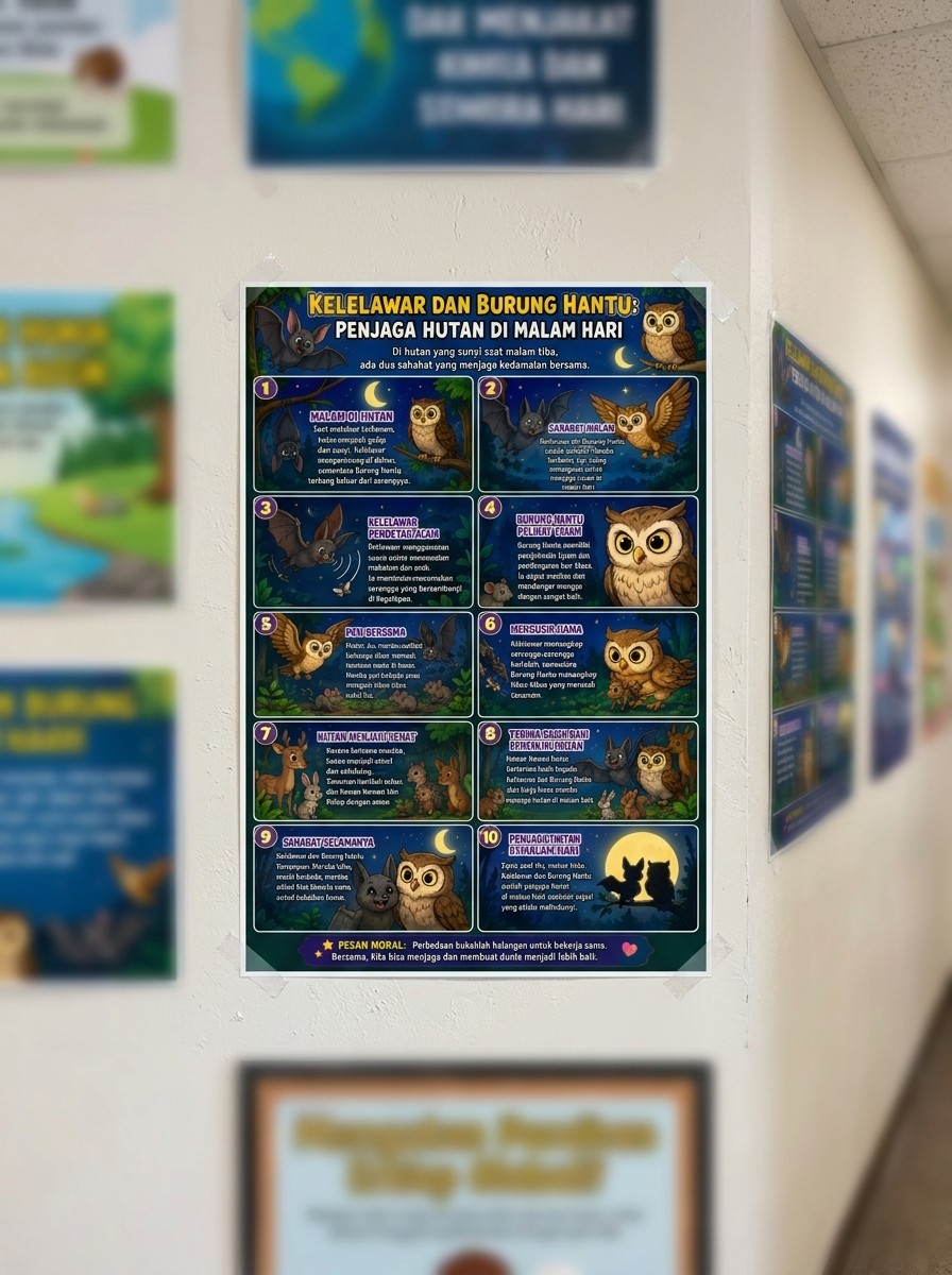 Poster Edukasi Hewan Malam Burung Hantu & Kelelawar Hiasan Dinding Kamar Anak Sekolah TK SD