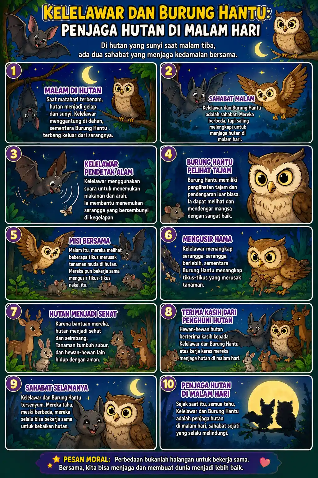 Poster Edukasi Hewan Malam Burung Hantu & Kelelawar Hiasan Dinding Kamar Anak Sekolah TK SD