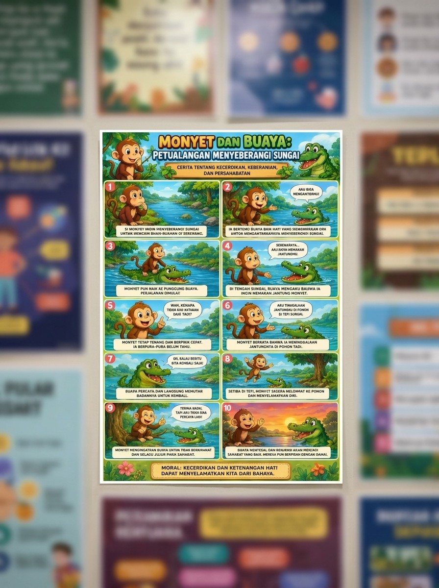 Poster Edukasi Anak Seri Fabel Monyet dan Buaya Hiasan Dinding Kamar Anak TK PAUD Bahan Tebal