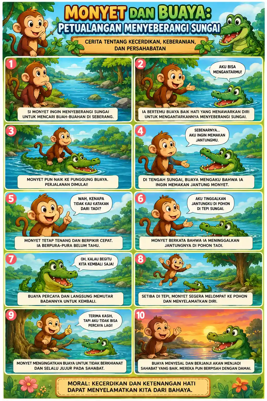 Poster Edukasi Anak Seri Fabel Monyet dan Buaya Hiasan Dinding Kamar Anak TK PAUD Bahan Tebal