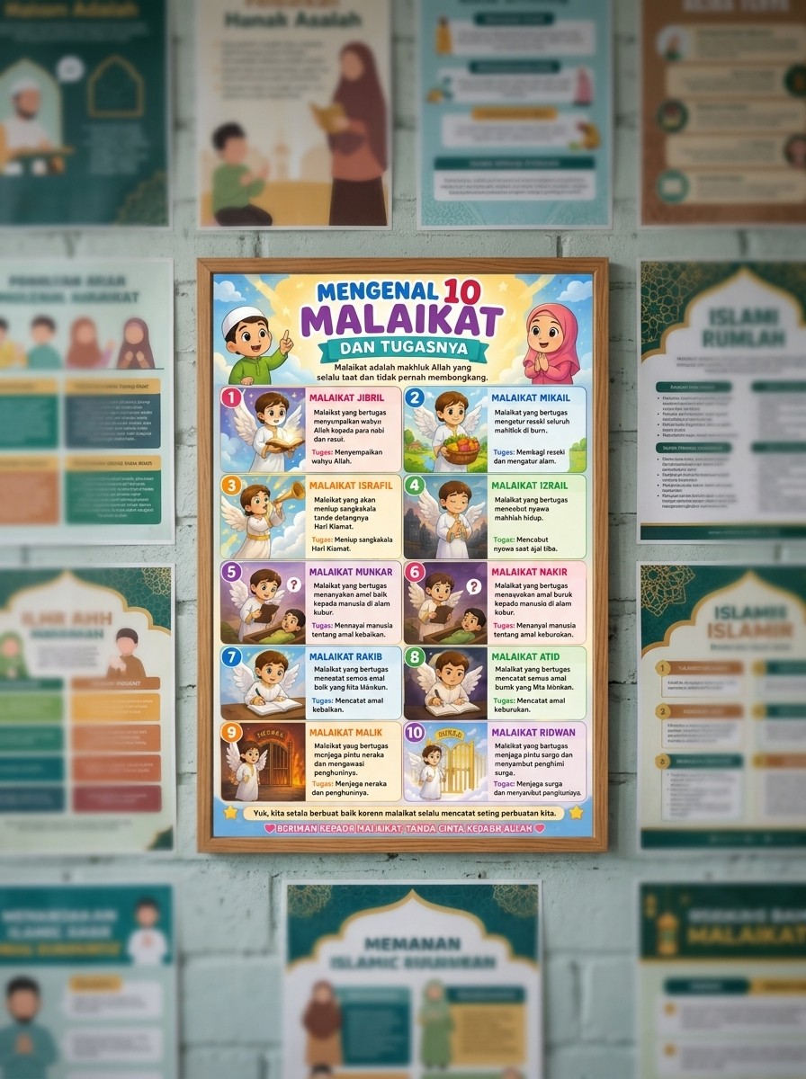 Poster Edukasi Anak Mengenal 10 Malaikat dan Tugasnya - Media Belajar Islami TK SD - Alat Peraga Dinding