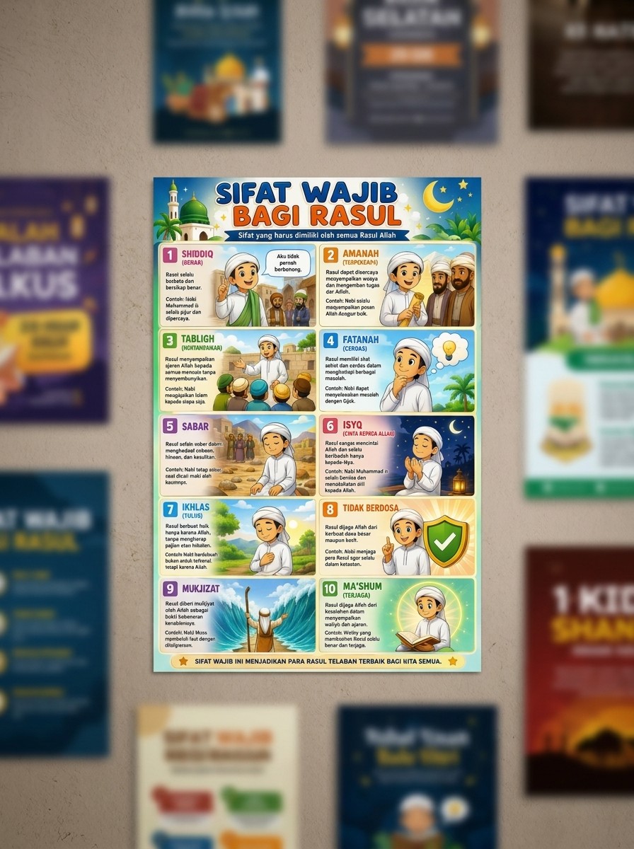 Poster Dinding Sifat Wajib Rasulullah SAW - Alat Peraga Edukasi Islam Madrasah TK SD - Bahan Tebal