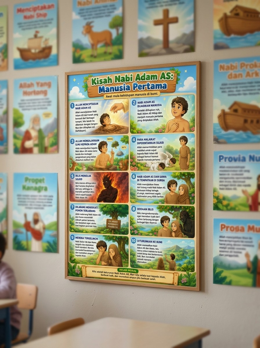 Poster Edukasi Anak Islami Kisah Nabi Adam AS Manusia Pertama - Dekorasi Dinding Kamar