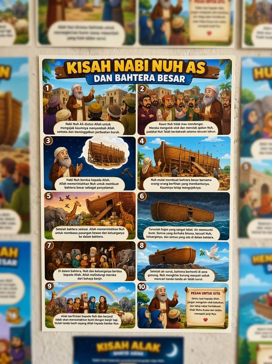 Hiasan Dinding Poster Kisah Nabi Nuh AS & Bahtera Besar Media Belajar Anak TK SD