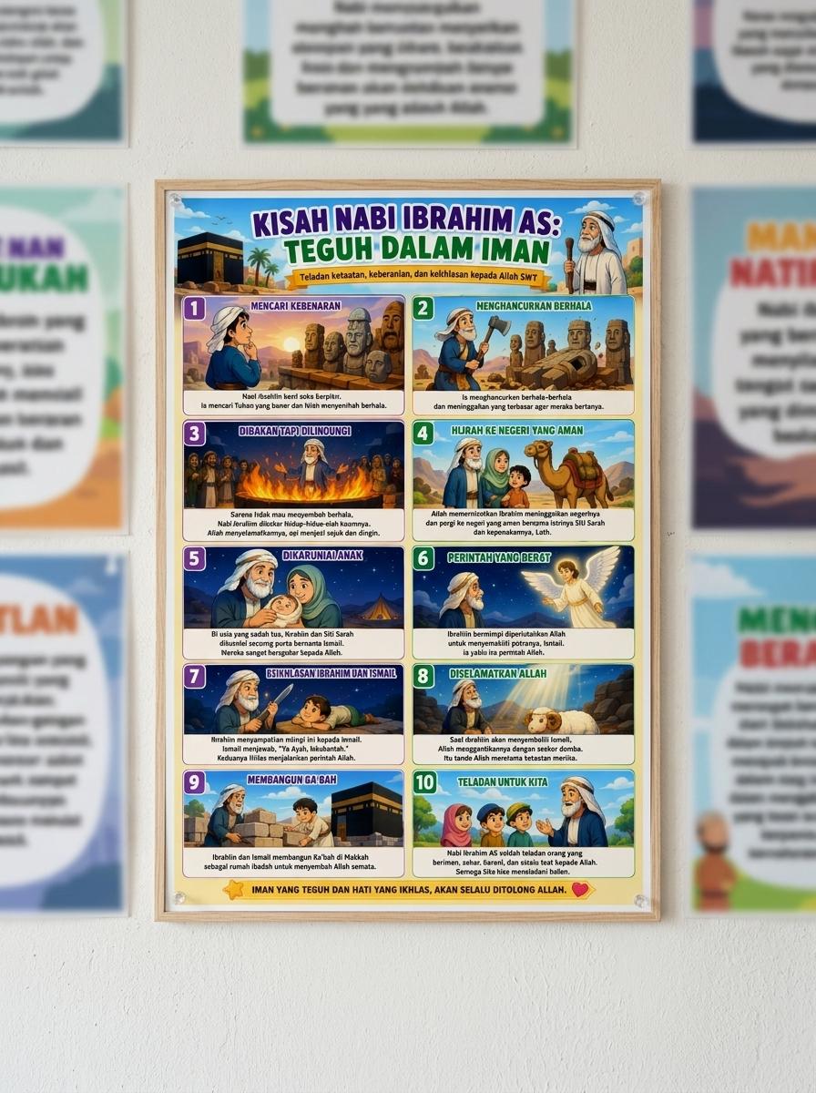 Poster Kisah Nabi Ibrahim AS - Dekorasi Dinding Islami Modern - Pajangan Edukasi Anak Muslim Aesthetic Terbaru