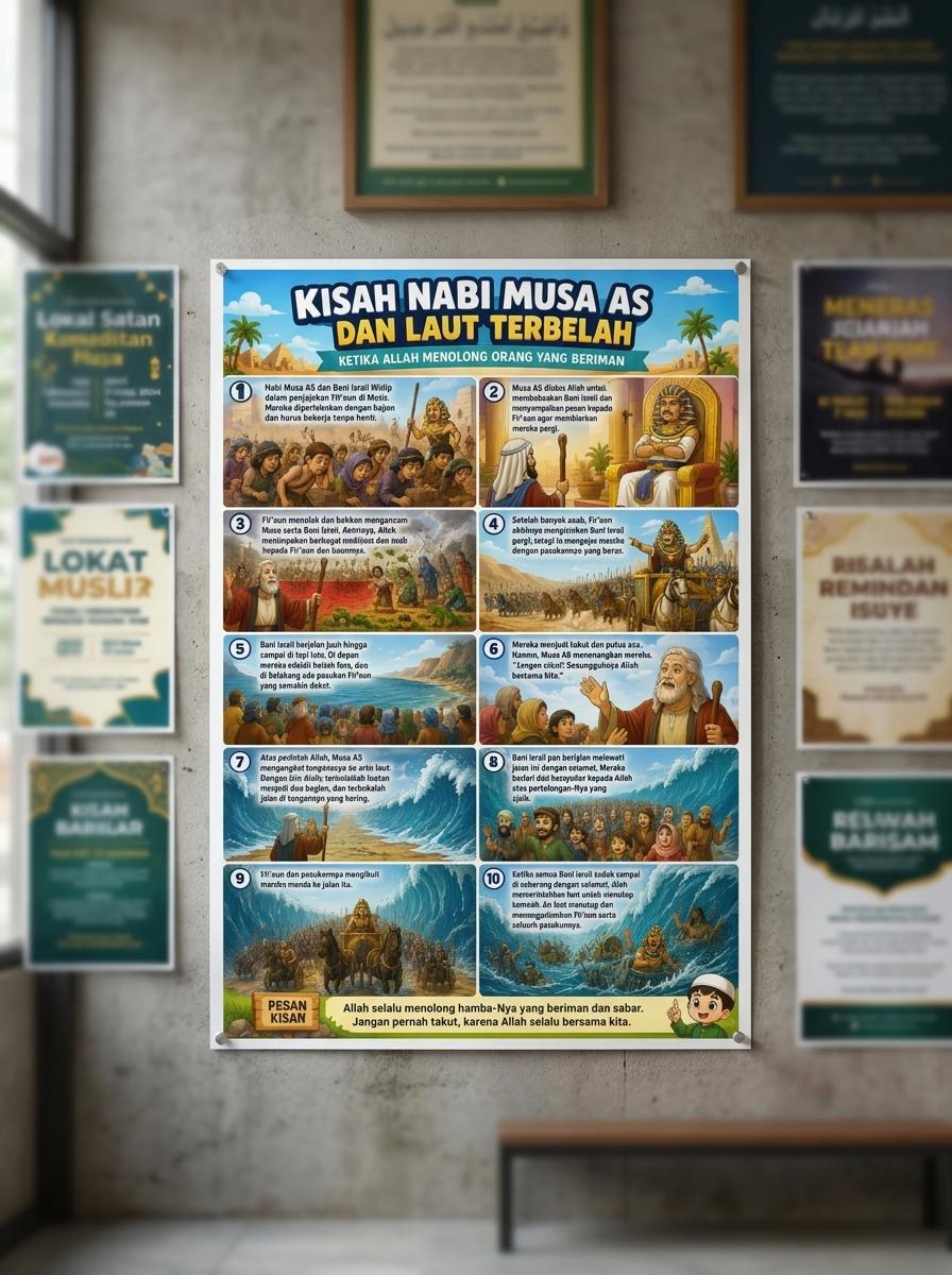 Hiasan Dinding Poster Kisah Nabi Musa AS Mukjizat Laut Terbelah Premium HD - Media Belajar Anak Muslim