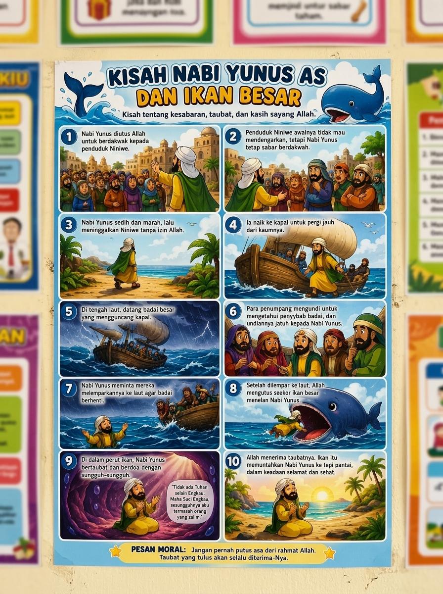 Poster Edukasi Anak Muslim Kisah Nabi Yunus AS dan Ikan Paus Besar A3+ - Media Belajar Islami Terlaris