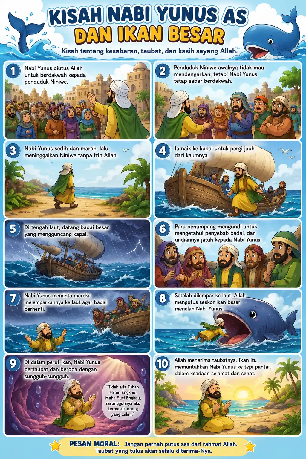 Poster Edukasi Anak Muslim Kisah Nabi Yunus AS dan Ikan Paus Besar A3+ - Media Belajar Islami Terlaris