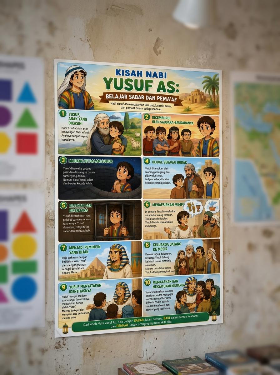 Poster Edukasi Anak Muslim Kisah Nabi Yusuf AS Belajar Sabar Pemaaf Terbaru A3