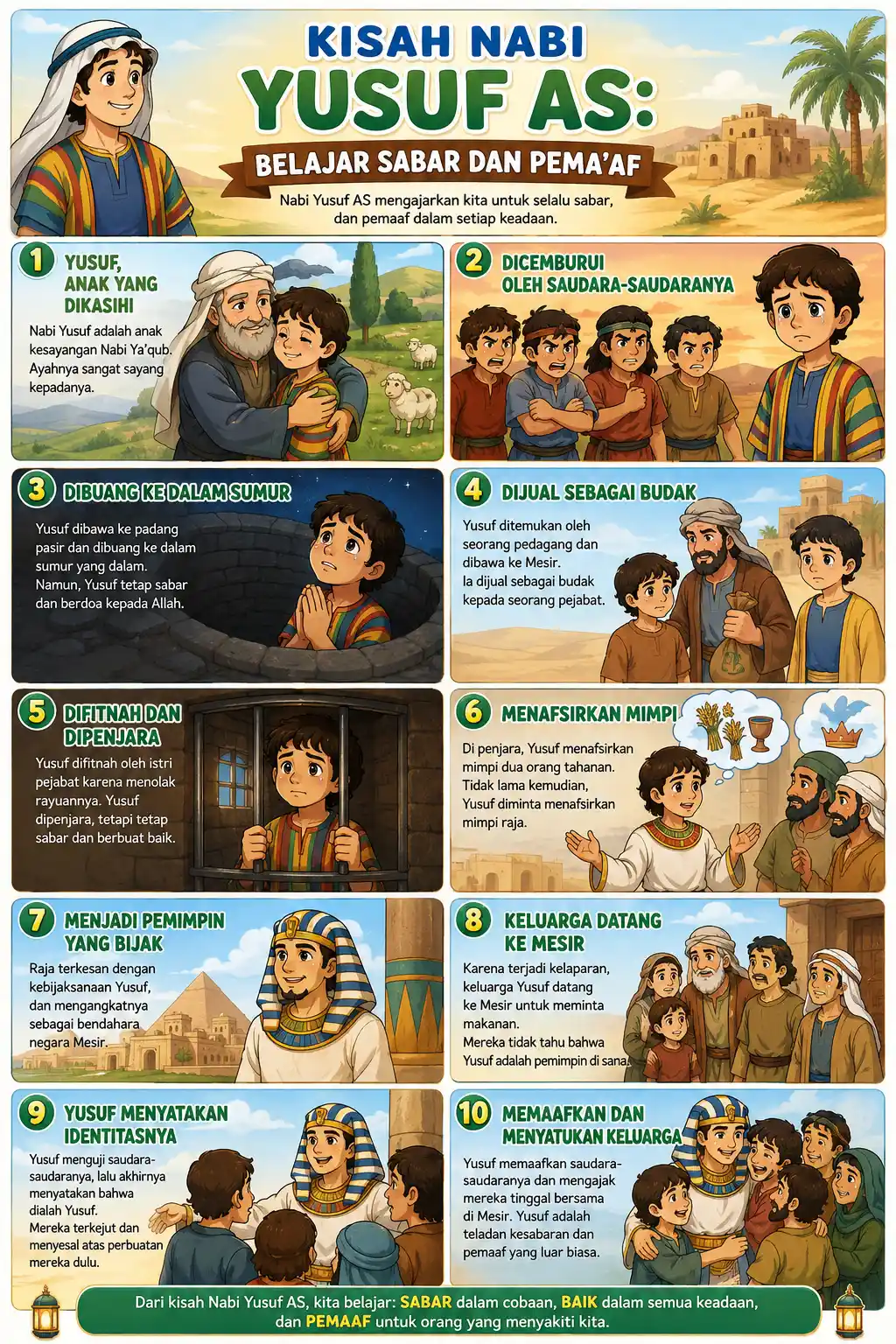 Poster Edukasi Anak Muslim Kisah Nabi Yusuf AS Belajar Sabar Pemaaf Terbaru A3