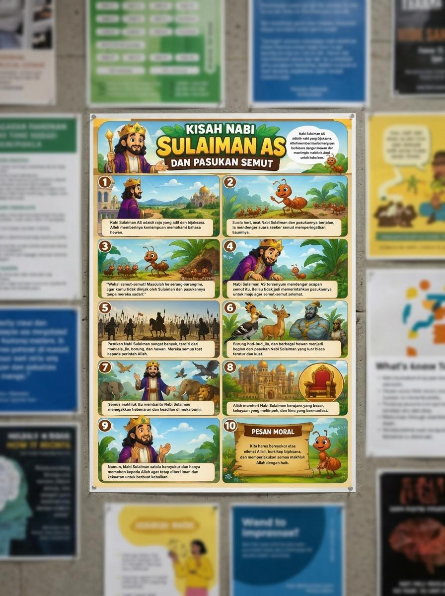 [TERLARIS] Poster Edukasi Dinding Anak Kisah Nabi Sulaiman AS dan Pasukan Semut - Poster Belajar Agama Islam A3+