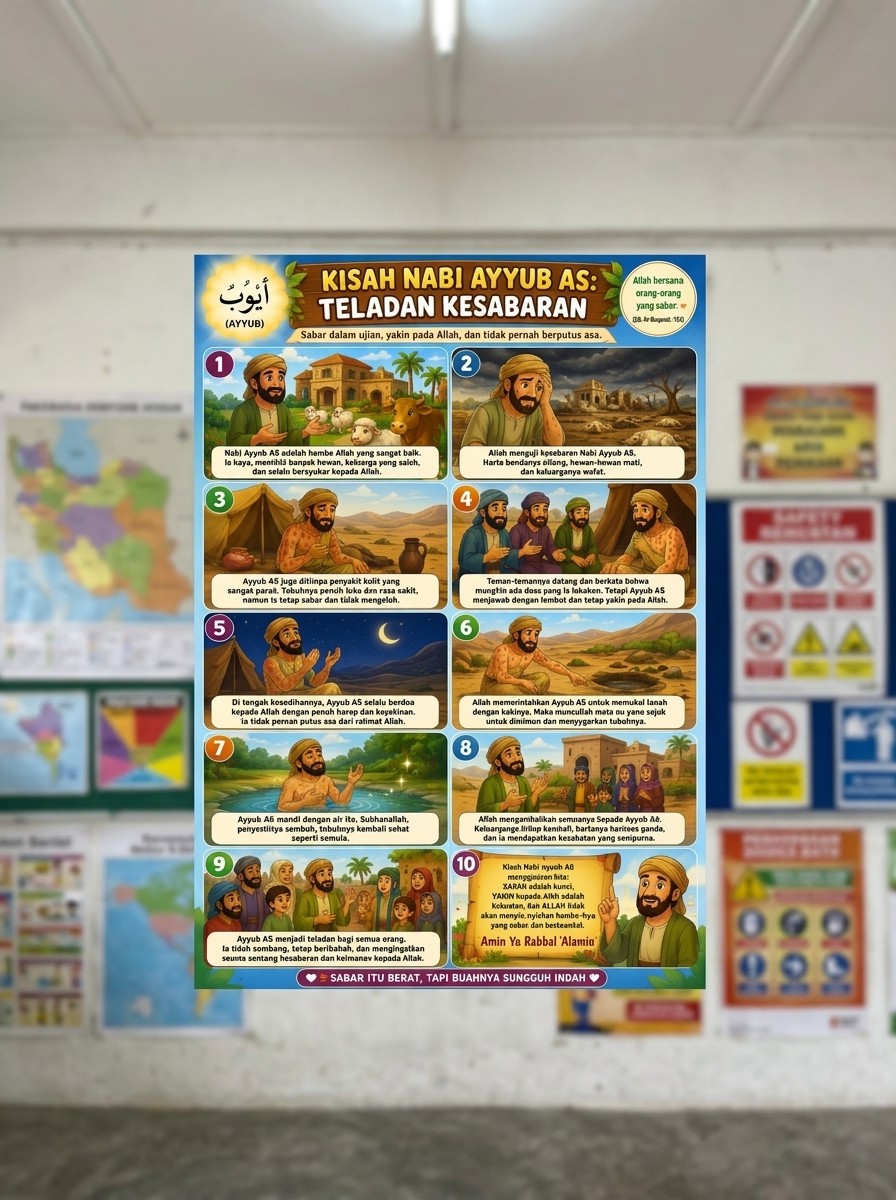 Poster Kisah Nabi Ayyub AS Teladan Kesabaran Ukuran A3+ Kertas Tebal Hiasan Kamar Anak Muslim