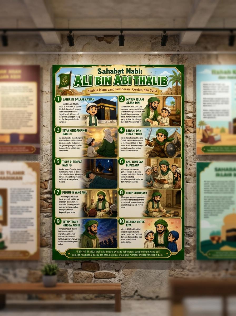 Poster Edukasi Islami Sahabat Nabi Ali bin Abi Thalib Dekorasi Dinding Kamar Anak Premium