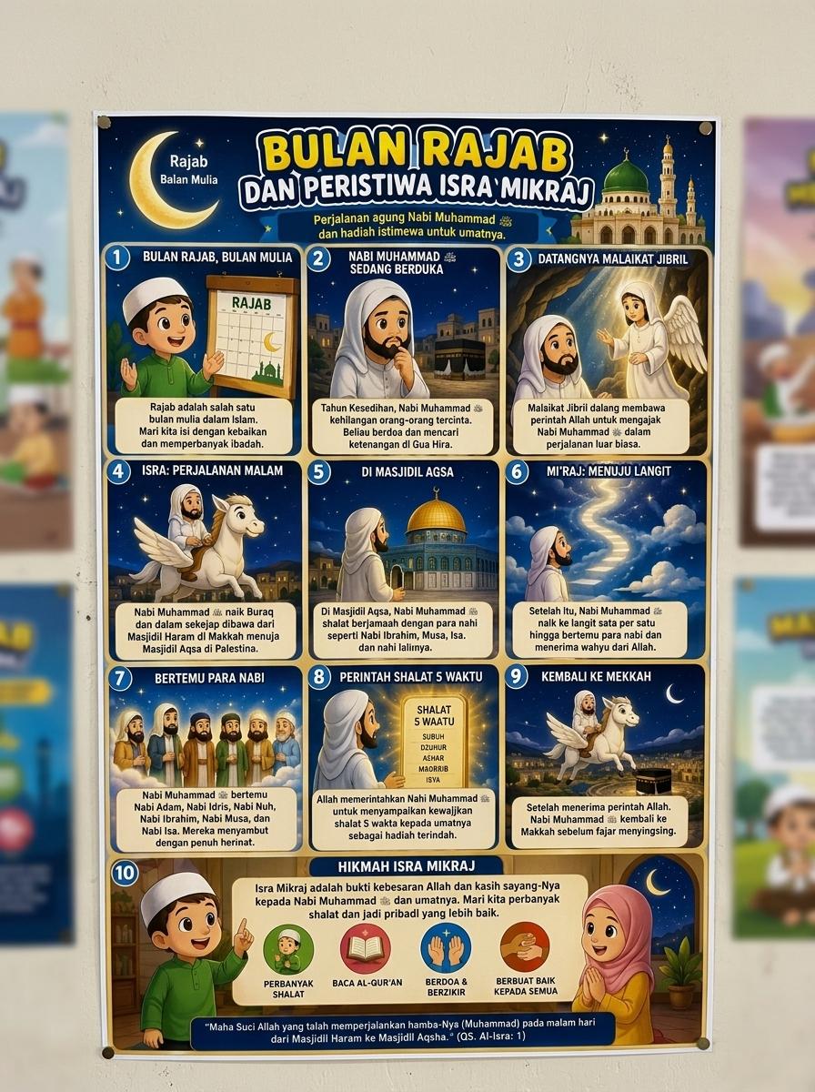 Poster Bulan Rajab & Peristiwa Isra Mikraj Dekorasi Dinding Sekolah Masjid A3+