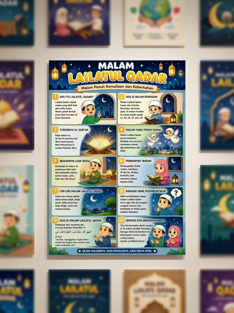 Poster Edukasi Islami Amalan Malam Lailatul Qadar Dekorasi Dinding Ramadhan Aesthetic A3+