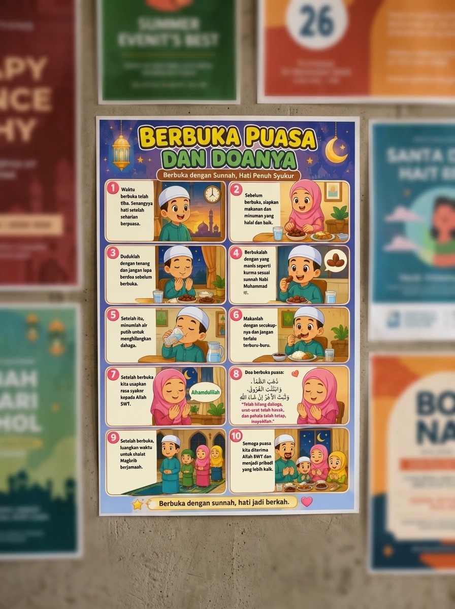 Poster Edukasi Anak Muslim Doa Buka Puasa & Niat Puasa Ramadhan Kualitas HD