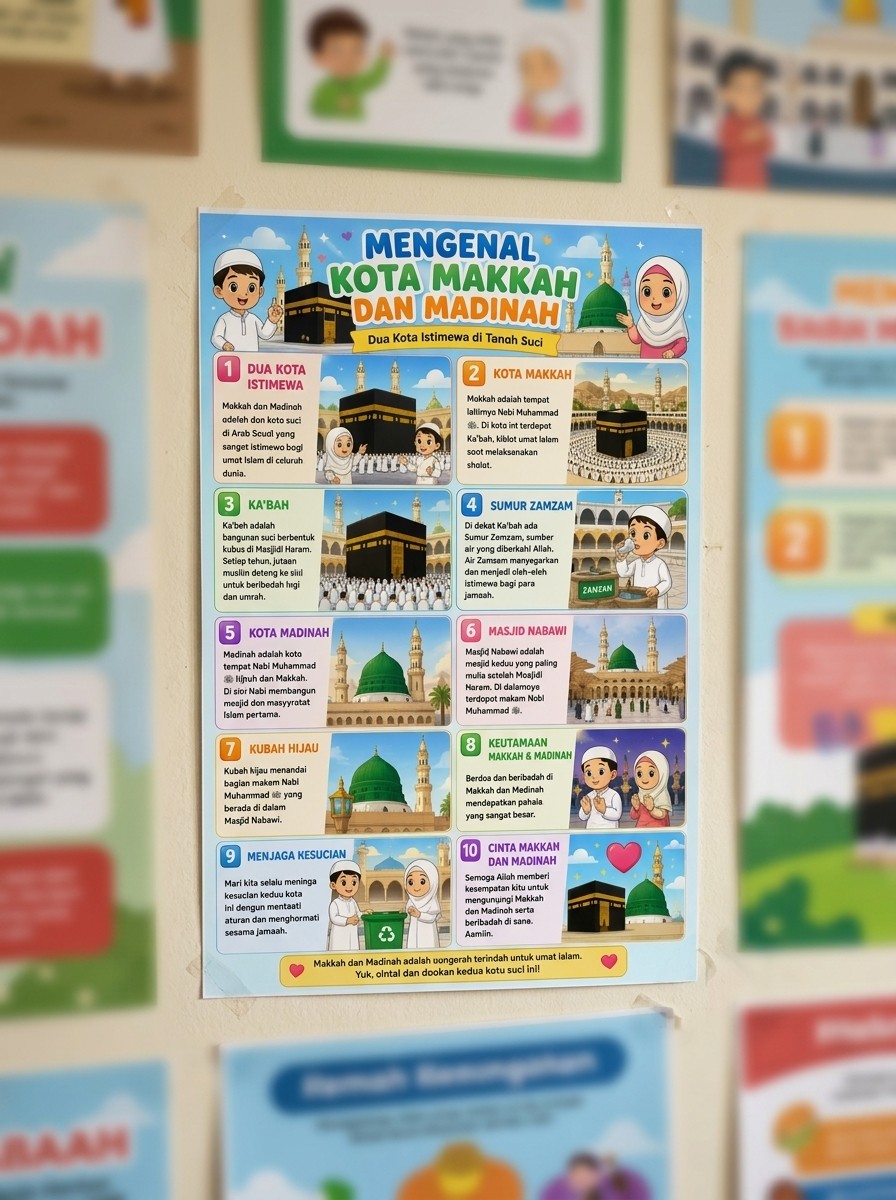 Poster Islami Anak Mengenal Kota Makkah Madinah Media Belajar PAUD TK SD Kualitas HD