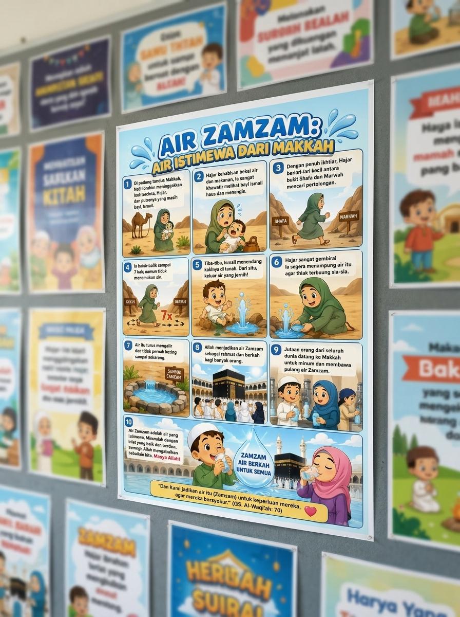 Poster Air Zamzam Makkah Edukasi Anak - Hiasan Dinding Islami Souvenir Haji Umroh Premium