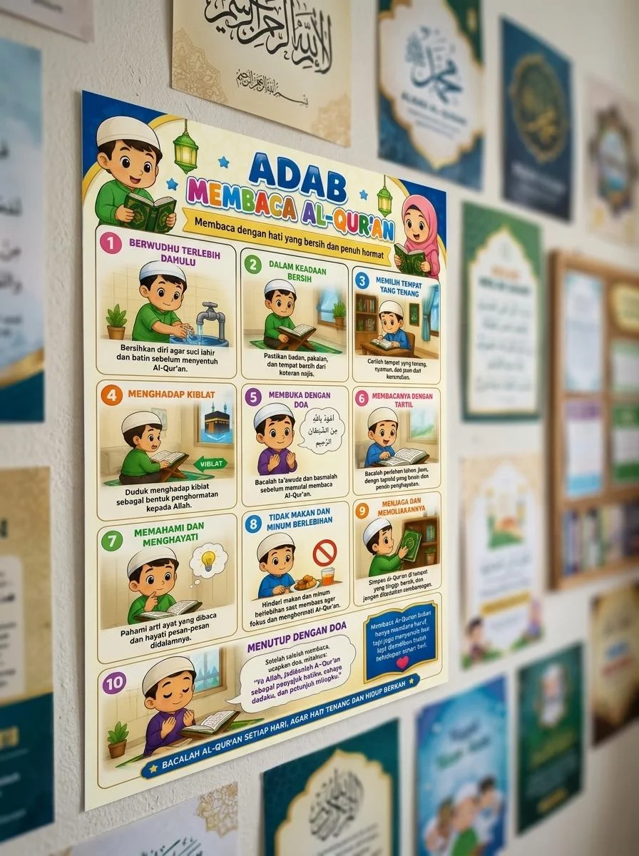Hiasan Dinding Mushola Poster Adab Membaca Al-Qur'an Belajar Mengaji Anak Sholeh
