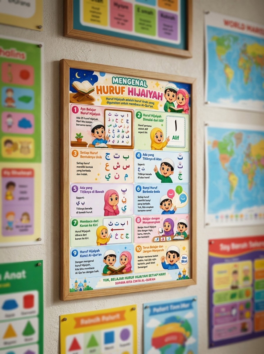 Poster Edukasi Anak Mengenal Huruf Hijaiyah Belajar Mengaji PAUD TK - Poster Dinding Islami Premium