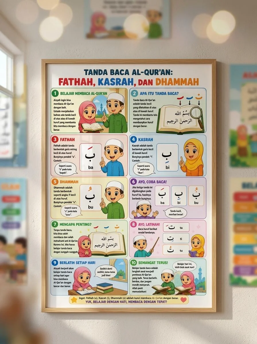Alat Peraga Edukasi Poster Tanda Baca Al-Quran Harakat Fathah Kasrah Dhammah - Poster Belajar Tajwid Anak