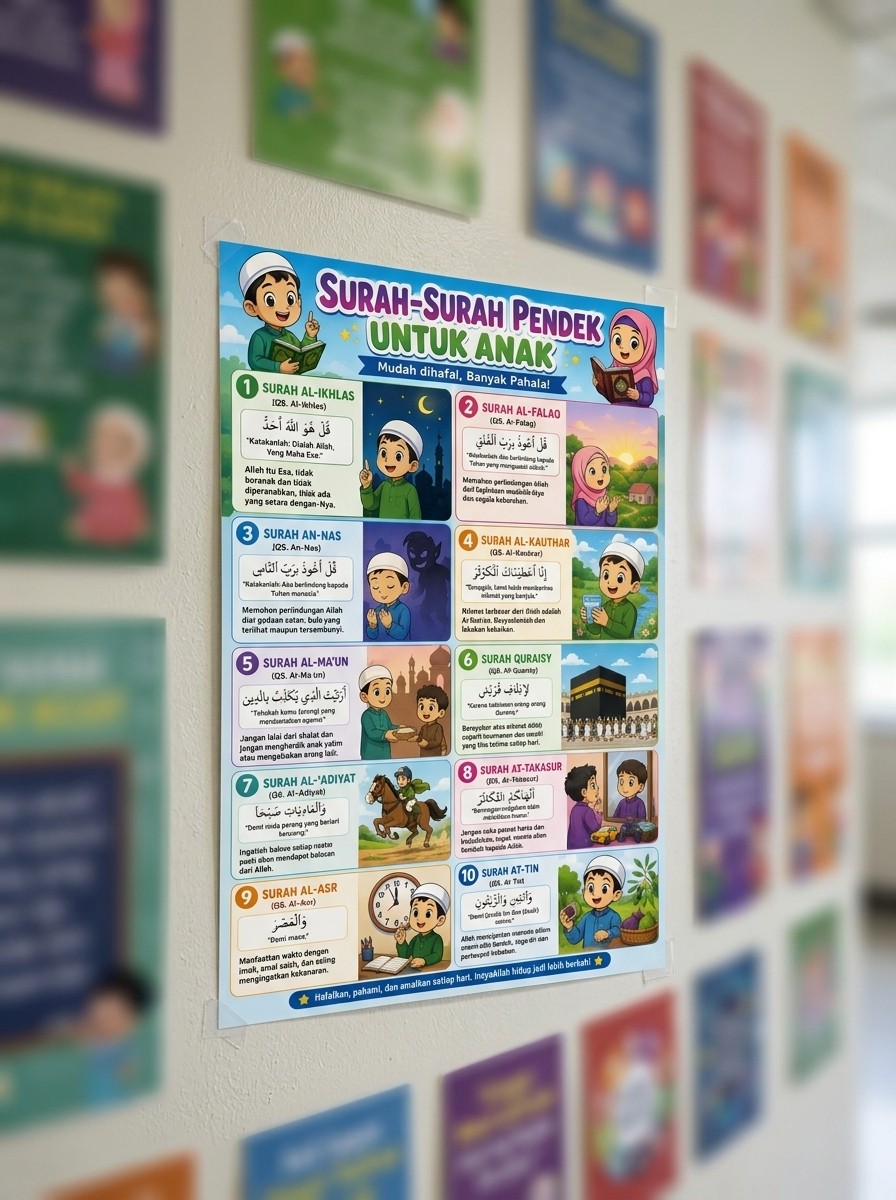 Poster Edukasi Anak Muslim Surah Pendek Juz Amma Hiasan Dinding Kamar Belajar Ngaji