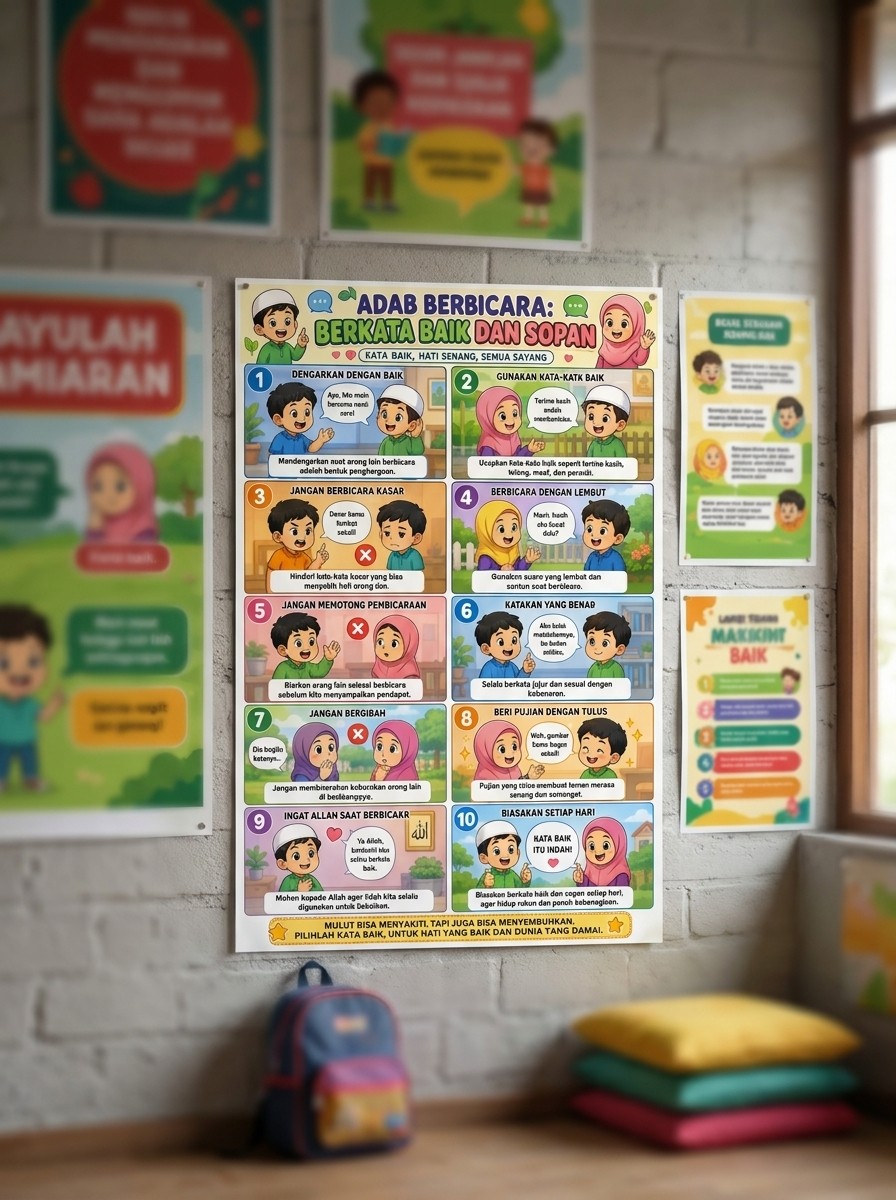Poster Adab Berbicara Anak Muslim Berkata Baik & Sopan Hiasan Dinding Edukatif
