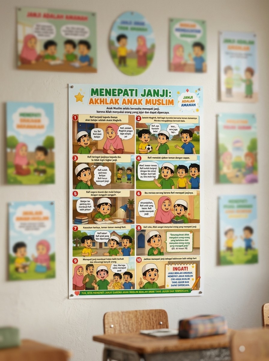 Poster Edukasi Anak Muslim Menepati Janji - Hiasan Dinding Belajar Akhlak Islami - Dekorasi Kamar TK PAUD