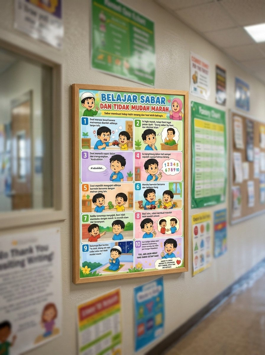 Poster Edukasi Anak Belajar Sabar & Mengontrol Emosi - Media Belajar Anak Usia Dini PAUD TK - Kualitas Premium Ori