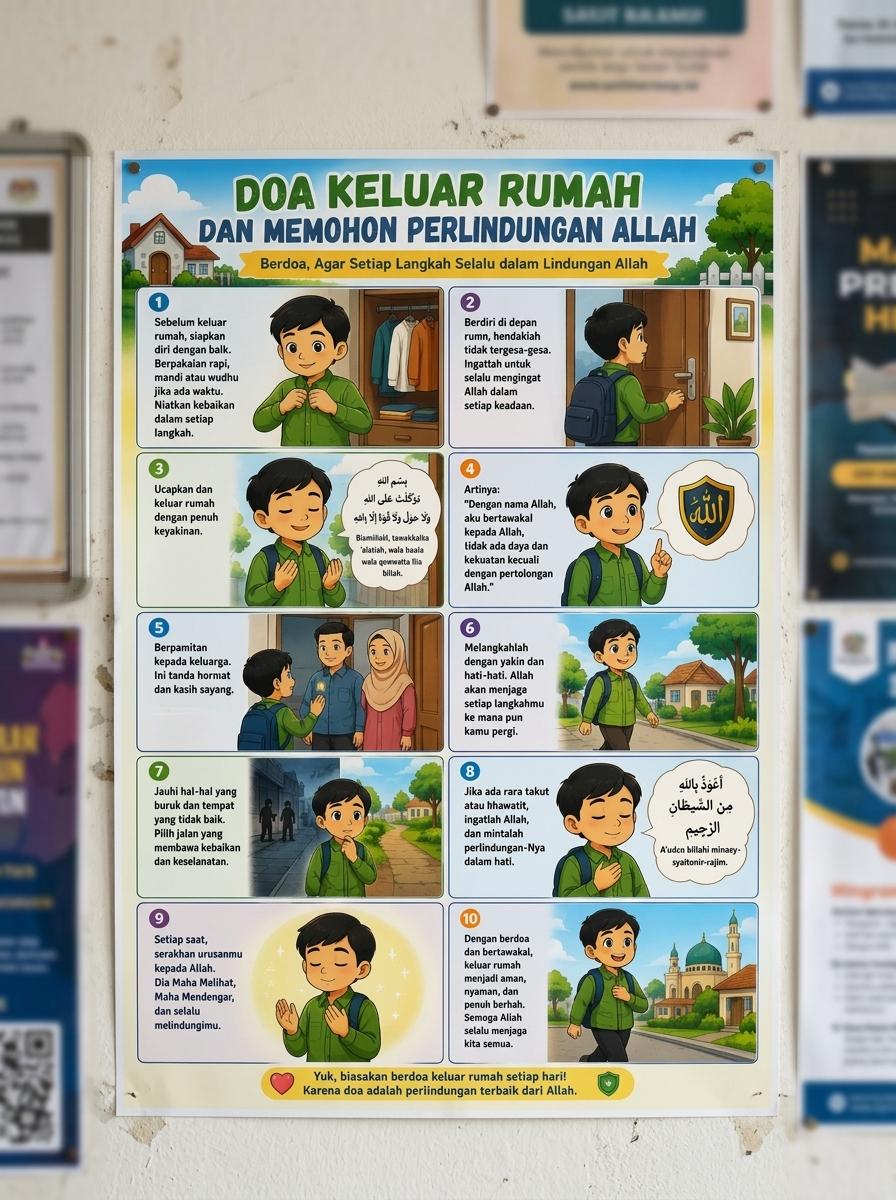 Poster Doa Harian Islami Keluar Rumah Edukasi Anak Muslim - Pajangan Dinding Doa Perlindungan Allah Terbaru