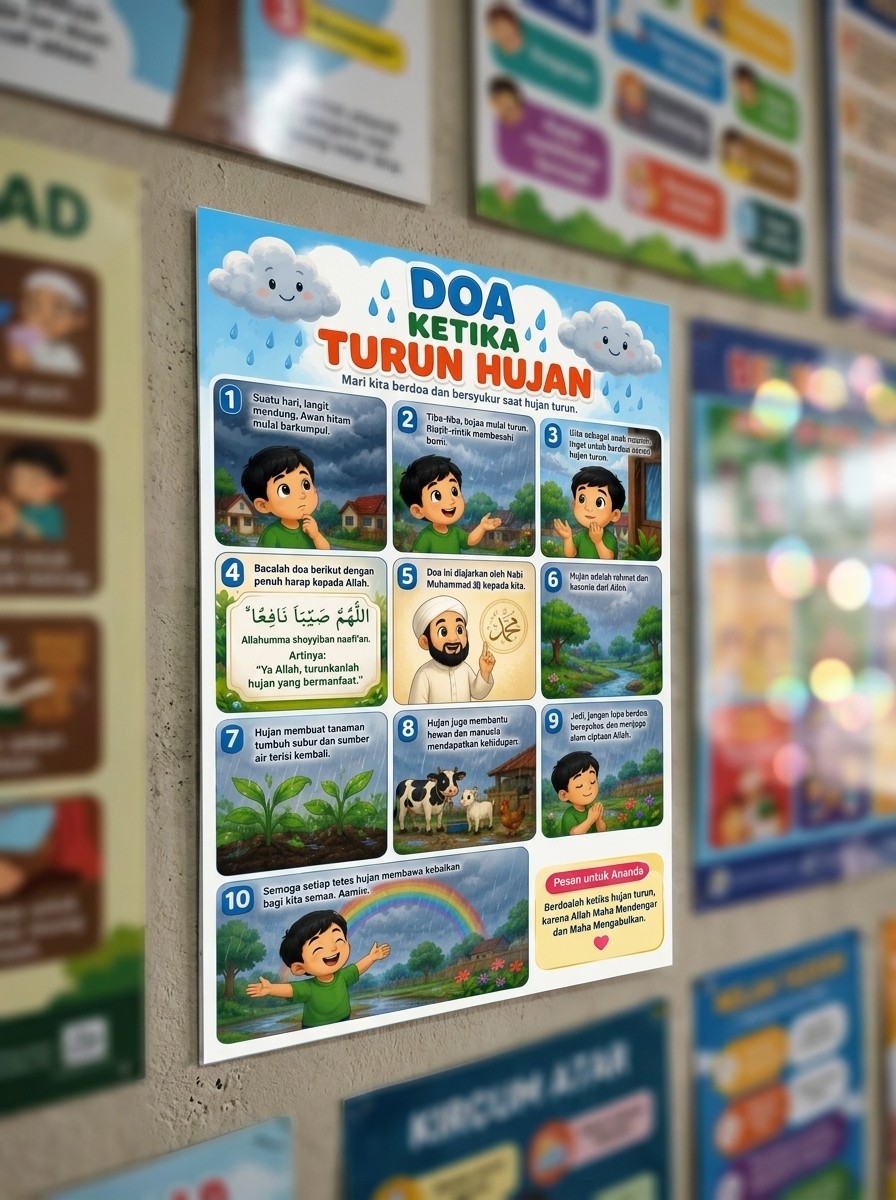 Poster Doa Ketika Turun Hujan Edukasi Anak Muslim Alat Peraga Pendidikan TK SD Belajar Doa Harian