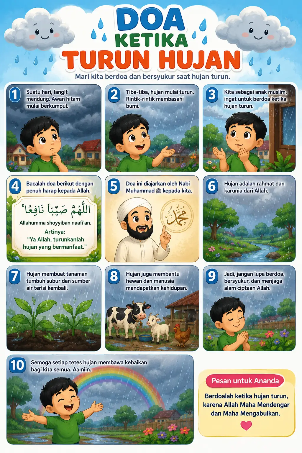 Poster Doa Ketika Turun Hujan Edukasi Anak Muslim Alat Peraga Pendidikan TK SD Belajar Doa Harian