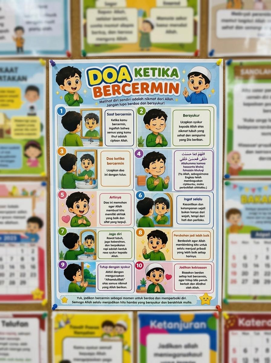 Poster Edukasi Anak Islami Doa Ketika Bercermin Hiasan Dinding Kamar Mandi Estetik Pajangan Minimalis