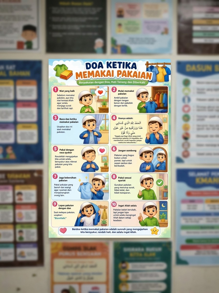 Poster Edukasi Anak Doa Memakai Pakaian Hiasan Dinding Islami Minimalis