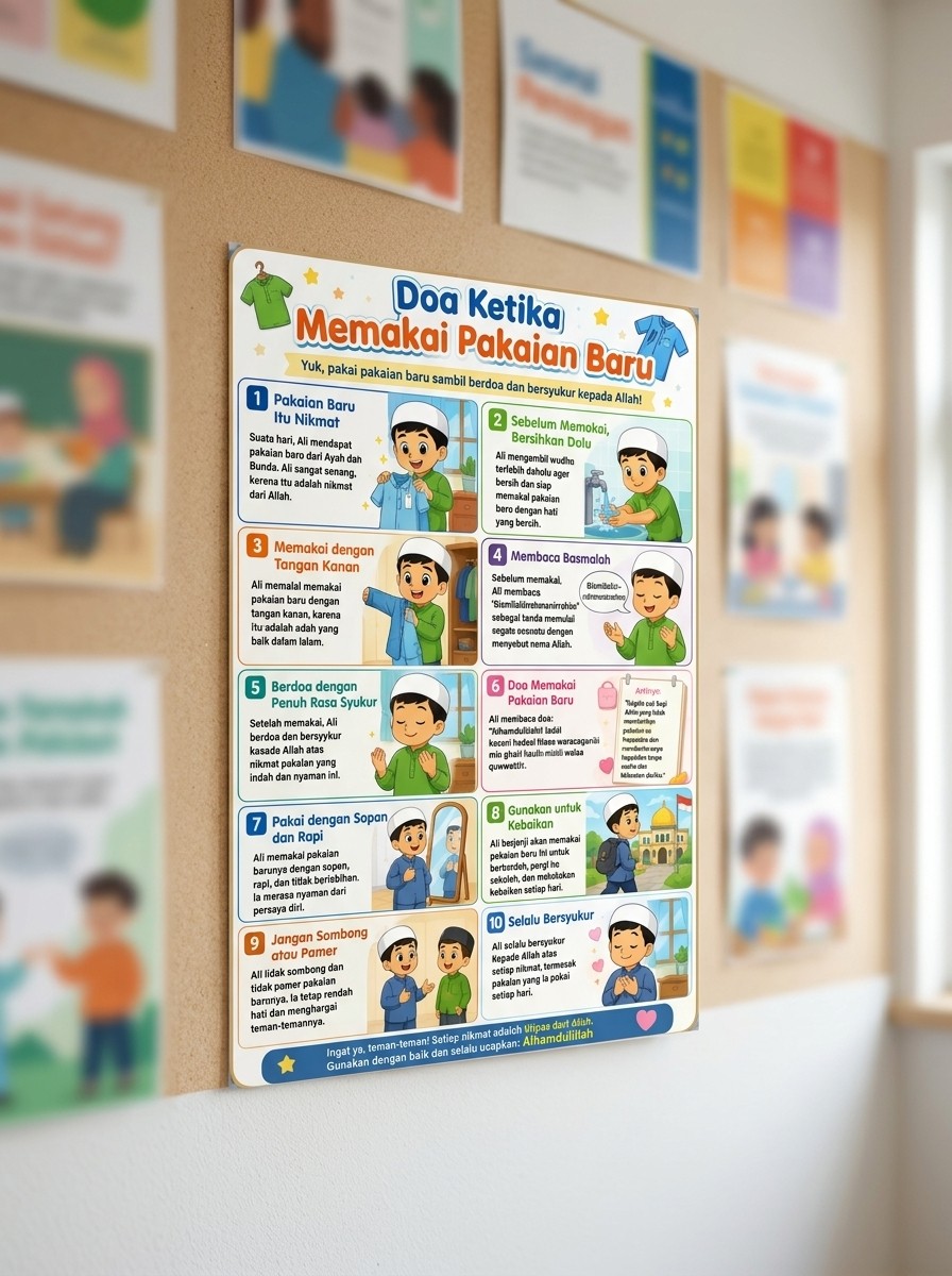 Poster Edukasi Anak Doa Memakai Pakaian Baru Hiasan Dinding Islami A3+ Premium