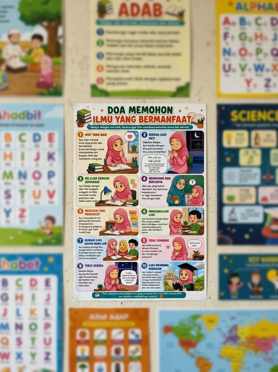 Poster Edukasi Anak Muslim Doa Memohon Ilmu Bermanfaat Hiasan Dinding Estetik Belajar Berdoa Sehari-hari
