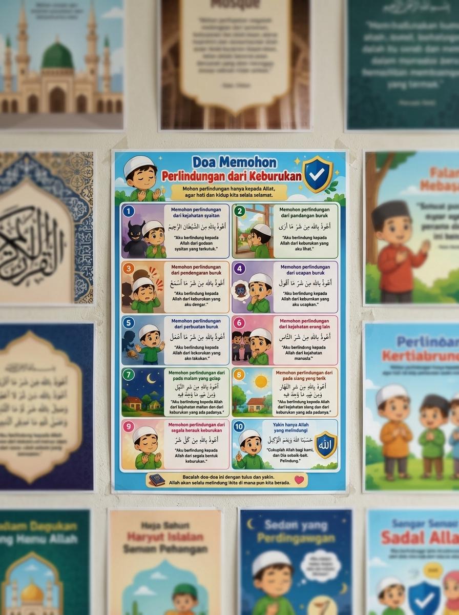 Poster Edukasi Anak Muslim Doa Memohon Perlindungan Dari Keburukan Hiasan Dinding Islami