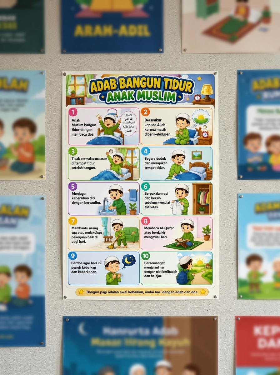 [TERMURAH] Poster Doa Adab Bangun Tidur Anak Muslim Media Belajar Edukasi Islami PAUD TK SD
