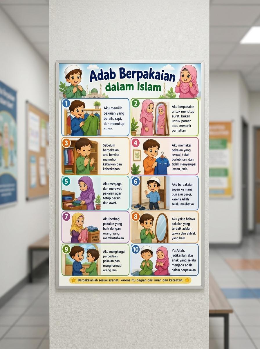 Poster Edukasi Anak Adab Berpakaian Dalam Islam Hiasan Dinding Kamar Islami A3+ Berkualitas