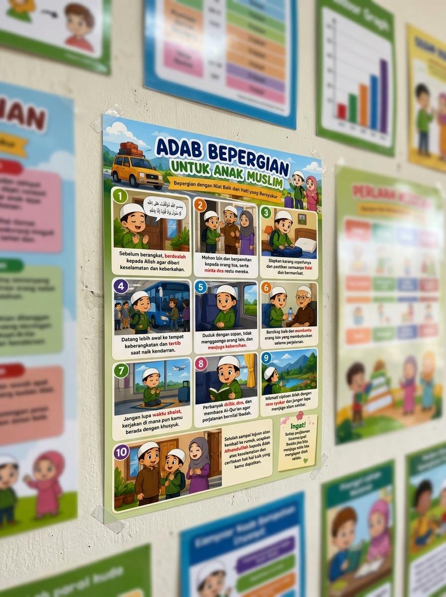 [TERMURAH] Poster Adab Bepergian Anak Muslim Belajar Doa Harian Edukasi Islami Kualitas Premium